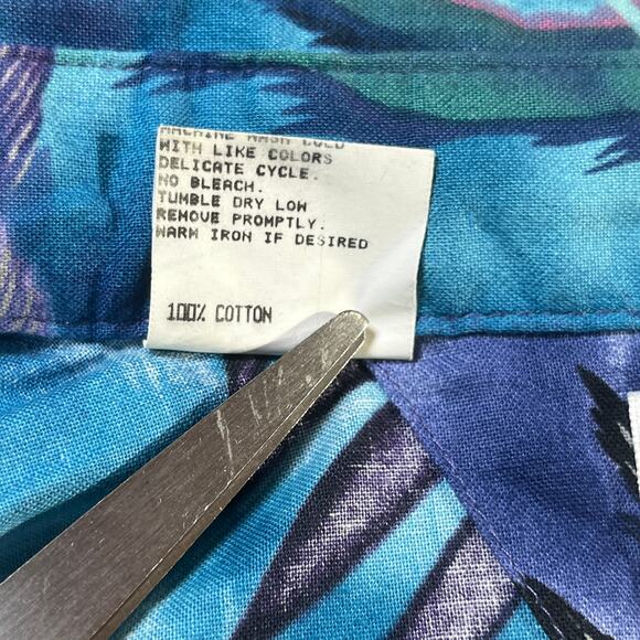Vintage Roper Shirt Mens Large 16.5 Blue Feather Print Tropical Hawaiian Beach - Picture 6 of 8